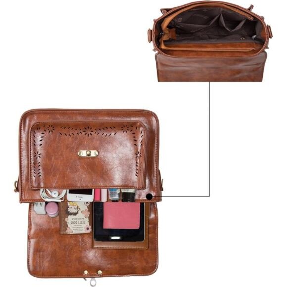 Women PU Leather Satchel Purse Vintage Small College Crossbody - Picture 3 of 7